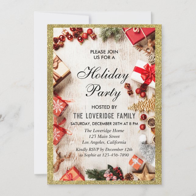 Festive Christmas Holiday Party White Gold Glitter Invitation (Front)