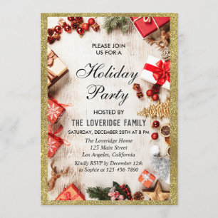 Festive Christmas Holiday Party White Gold Glitter Invitation