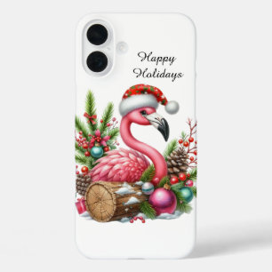 Festive Christmas Holiday pink flamingo iPhone 16 Plus Case