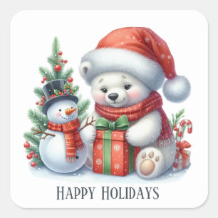Festive Christmas Holiday polar bear add text Square Sticker