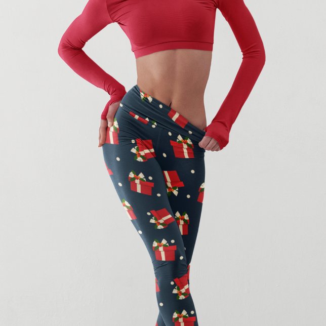 Festive Christmas Holiday Red Gift Pattern Capri Leggings (Creator Uploaded)