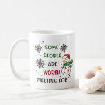 Festive Christmas Holiday Snowman Mug<br><div class="desc">Fun and Festive!  Christmas holiday mug features the Quote: Some People Are Worth Melting For in a modern photography with snowflakes and snowman adorned.  Message can be customised along with name of choice.  Great gift idea for the Christmas Season.</div>
