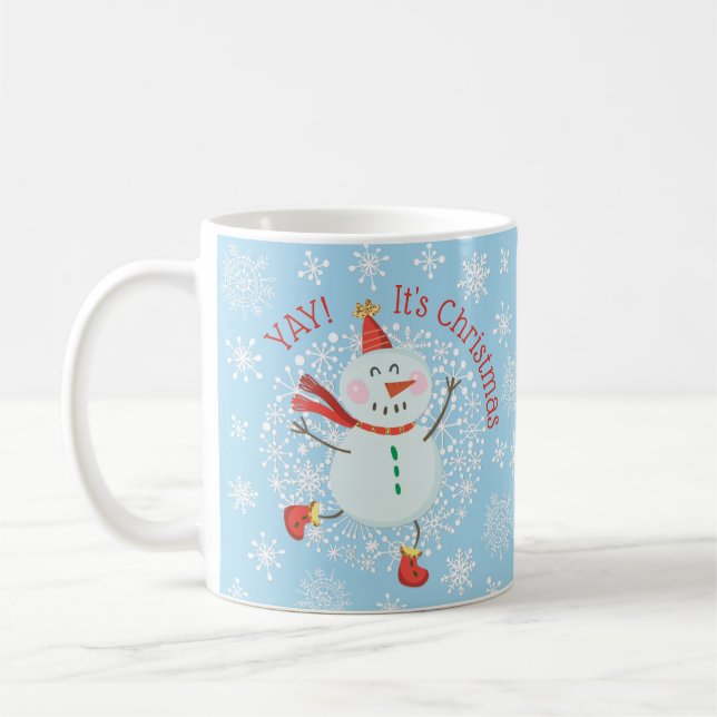 Festive Christmas Holiday Snowman Snowflakes Coffee Mug (Left)