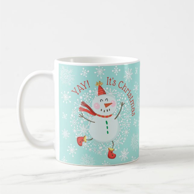 Festive Christmas Holiday Snowman Snowflakes Coffee Mug (Left)