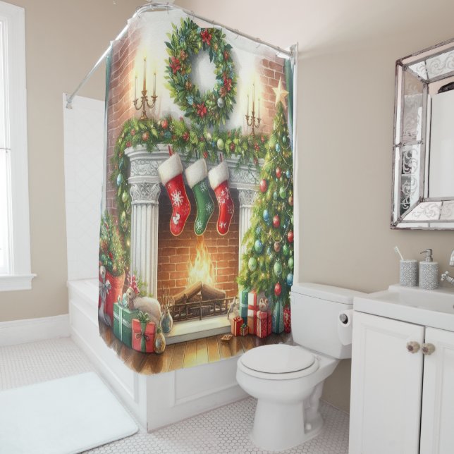 Festive Christmas Holiday Stockings  Shower Curtain (In Situ)