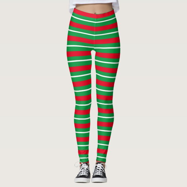 Festive Christmas Holiday Stripes Red White Green Leggings (Front)
