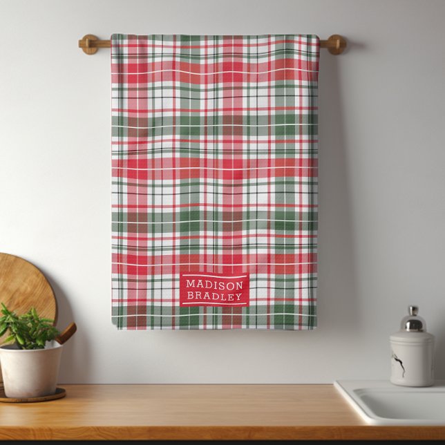 Festive Christmas Holiday Tartan Personalised Name Tea Towel (Creator Uploaded)