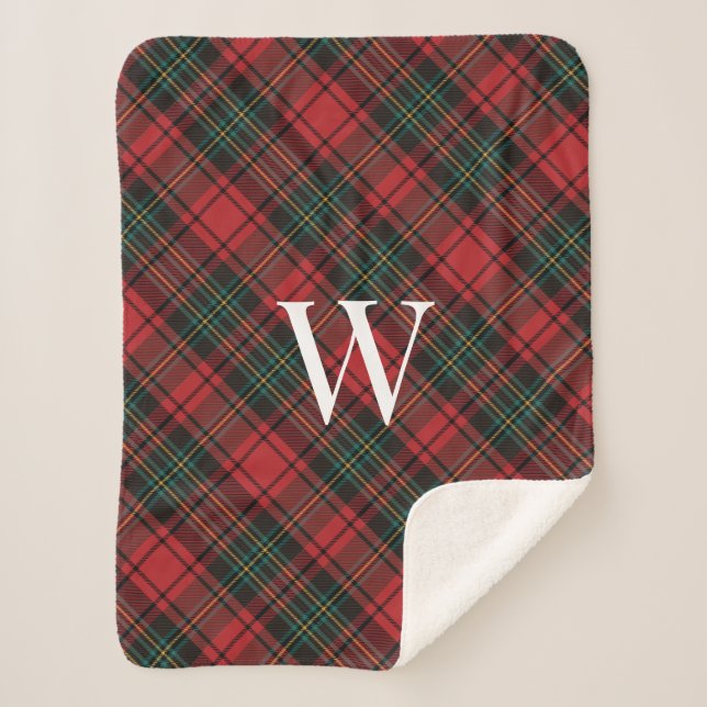 Festive Christmas Holiday Tartan Plaid + Monogram Sherpa Blanket (Front)