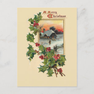 Festive Christmas Holly and Rustic Winter Scene Postcard