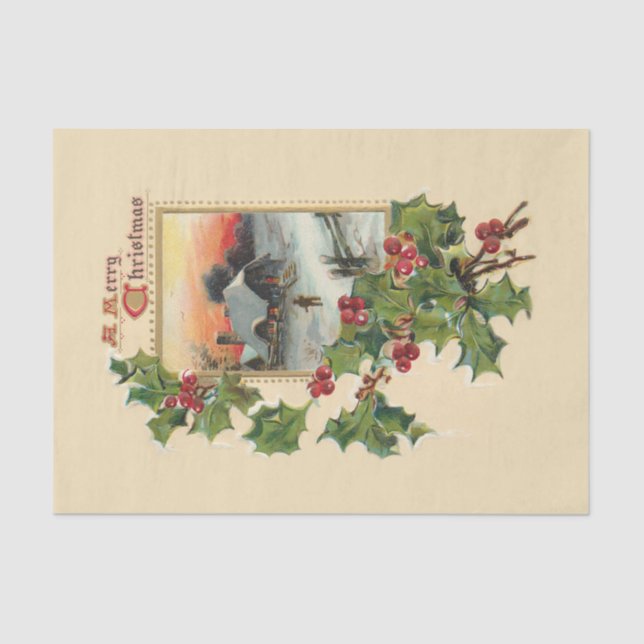 Festive Christmas Holly and Rustic Winter Scene Tissue Paper (Front)