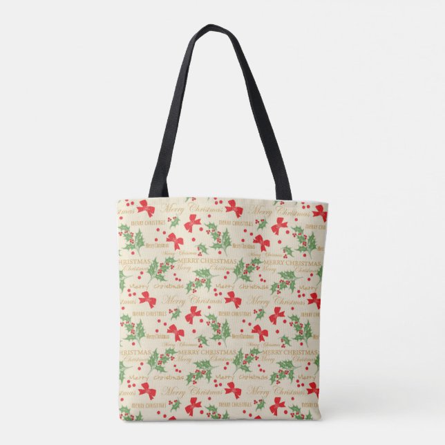 Festive Christmas Holly, Berries and Red Bows Tote Bag (Back)