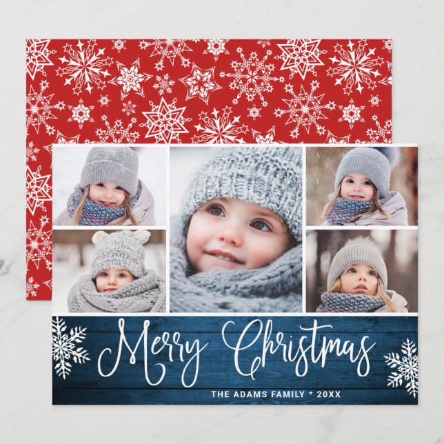 Festive Christmas Holly Berry Rustic 5 PHOTO Holiday Card (Front/Back)