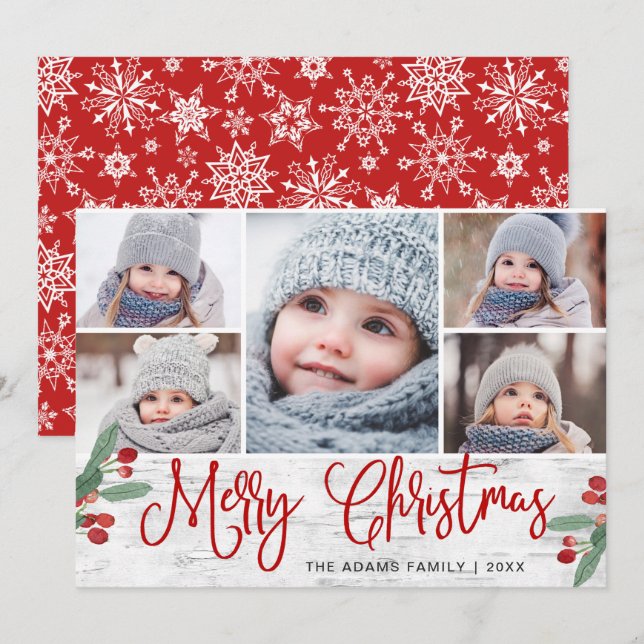 Festive Christmas Holly Berry Rustic 5 PHOTO Holiday Card (Front/Back)