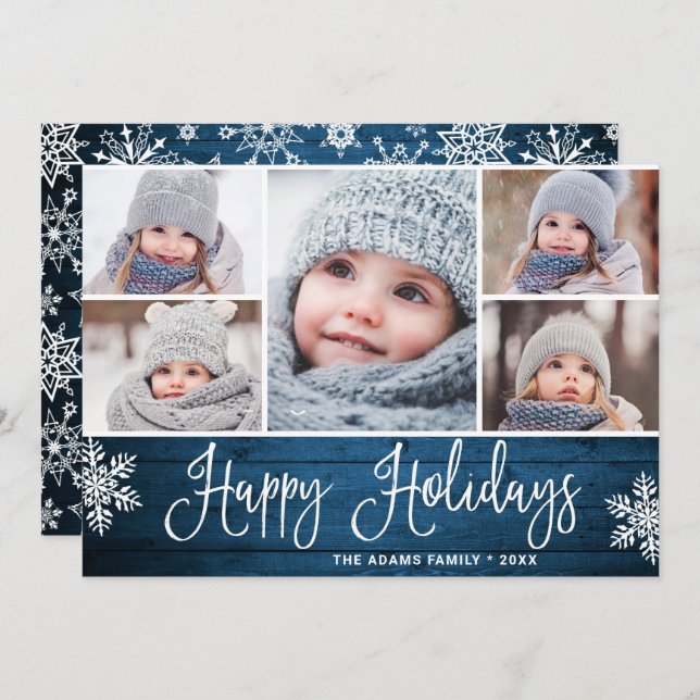 Festive Christmas Holly Berry Rustic 5 PHOTO Holiday Card (Front/Back)