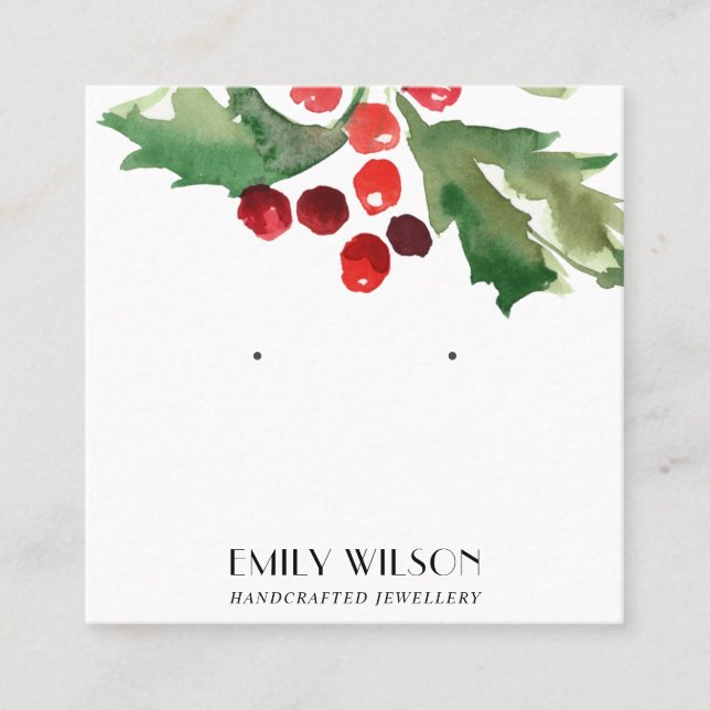 FESTIVE CHRISTMAS HOLLY BERRY STUD EARRING DISPLAY SQUARE BUSINESS CARD (Front)