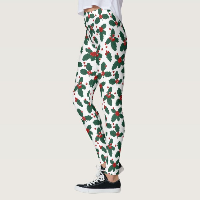 Festive Christmas holly berry tiled pattern Leggings (Left)