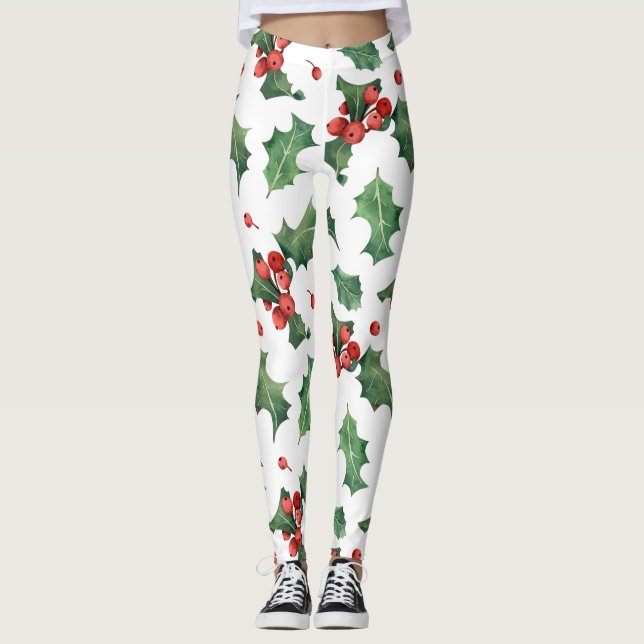 Festive Christmas holly berry tiled pattern  Leggings (Front)