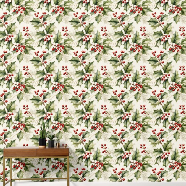 Festive Christmas Holly Leaves Peel And Stick Wallpaper (Hallway)