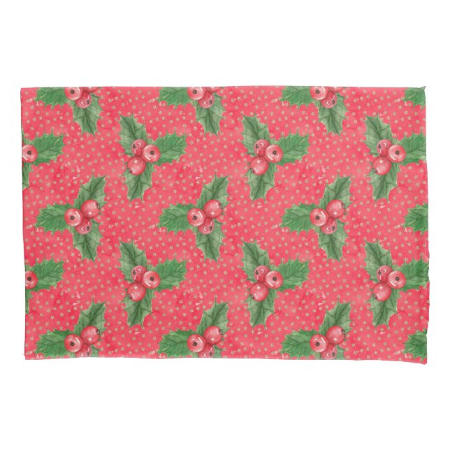 Festive Christmas Holly Pillowcase (Front)