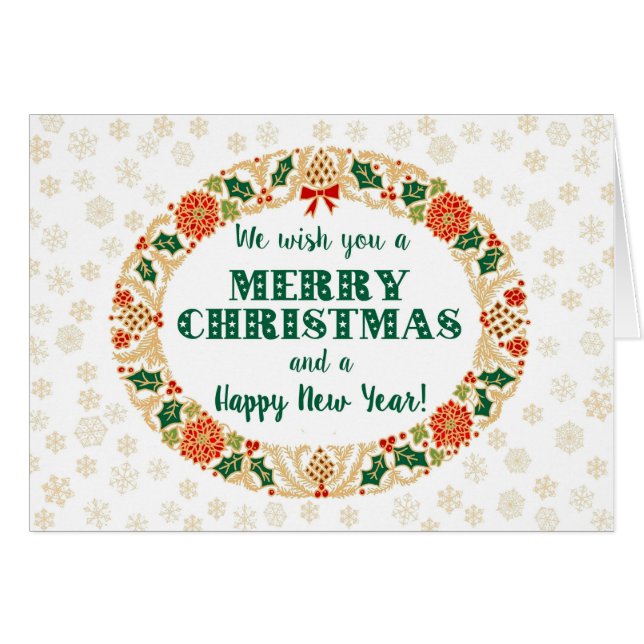 Festive Christmas Holly Wreath with Snowflakes (Front Horizontal)