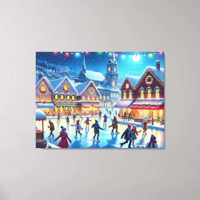 Festive Christmas Ice Skating Scene Canvas Print (Front)