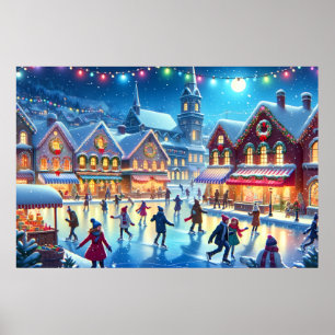 Festive Christmas Ice Skating Scene Poster