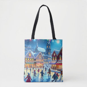 Festive Christmas Ice Skating Scene Tote Bag