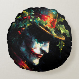 Festive Christmas Joker Portrait Round Cushion