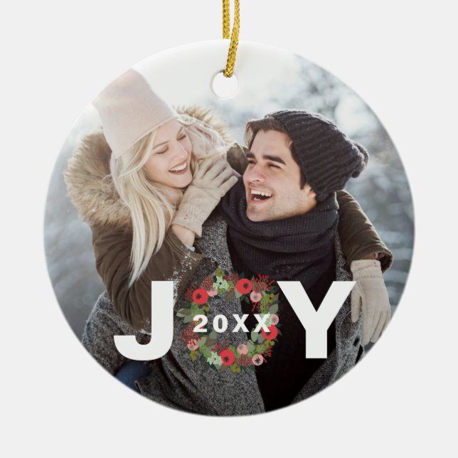 Festive Christmas Joy with Wreath and Year Photo Ceramic Tree Decoration (Front)