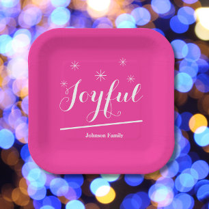 Festive Christmas Joyful Name Modern Chic Pink  Paper Plate