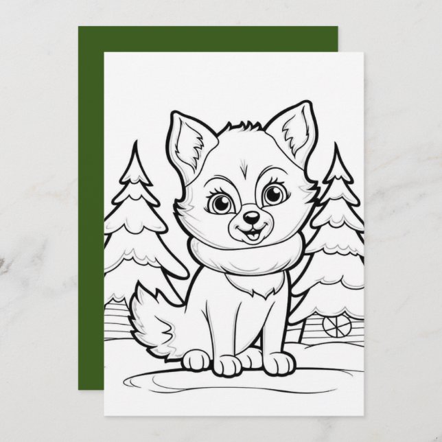 Festive Christmas kids colouring fox Holiday Card (Front/Back)
