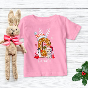 Festive Christmas Kitten Gingerbread Letter D Girl Baby T-Shirt