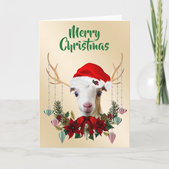 Festive Christmas LaMancha Goat Kid Card (Front)