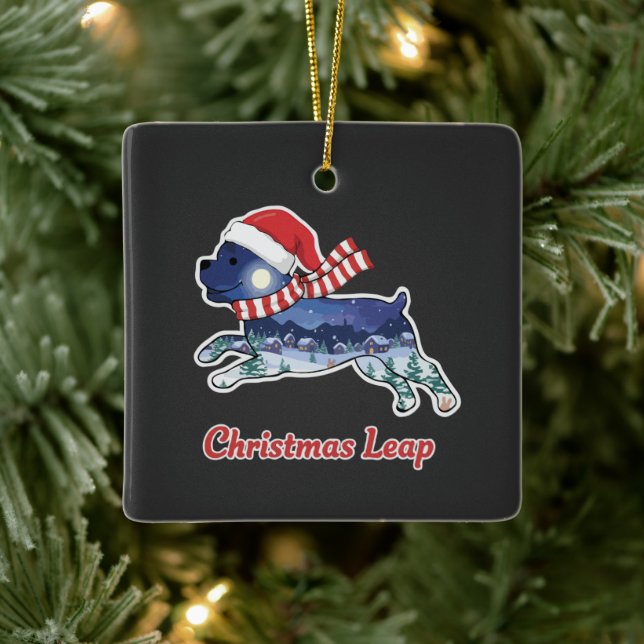 Festive Christmas Leaping Dog | Cute Puppy Santa  Ceramic Ornament (Tree)
