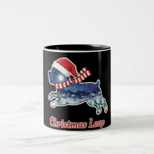 Festive Christmas Leaping Dog   Cute Puppy Santa  Two-Tone Coffee Mug