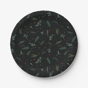 Festive Christmas Leaves Berries Black Paper Plate