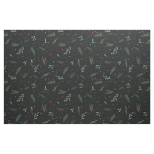 Festive Christmas Leaves Berries Botanical Black Fabric