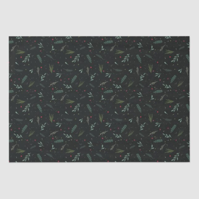 Festive Christmas Leaves Berries Botanical Black Tissue Paper (Front)