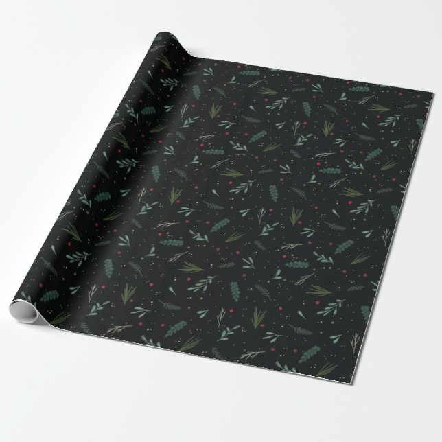Festive Christmas Leaves Berries Botanical Black Wrapping Paper (Unrolled)
