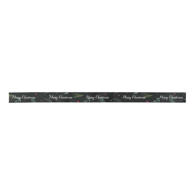 Festive Christmas Leaves Berries Botanical Narrow Satin Ribbon (Front)