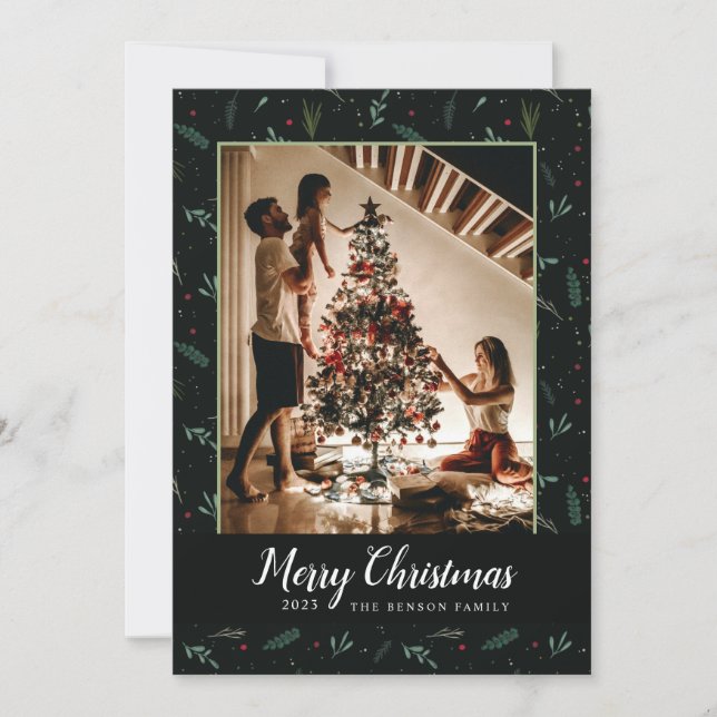 Festive Christmas Leaves Berries Photo Vertical Holiday Card (Front)