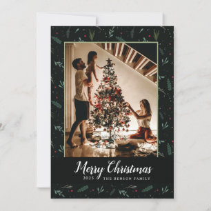 Festive Christmas Leaves Berries Photo Vertical Holiday Card