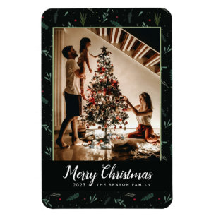 Festive Christmas Leaves Berries Photo Vertical Magnet