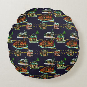 Festive Christmas Light Up Town House Tree Round Cushion