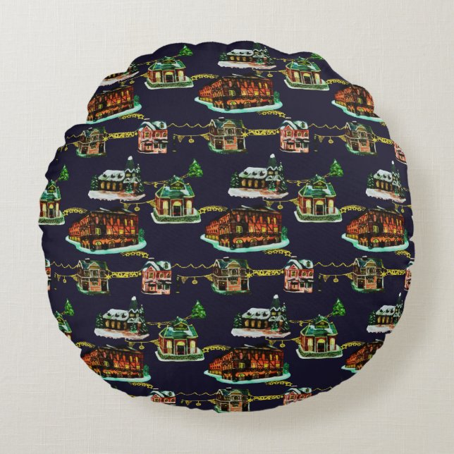 Festive Christmas Light Up Town House Tree Round Cushion (Front)