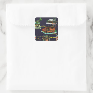 Festive Christmas Light Up Town House Tree Square Sticker