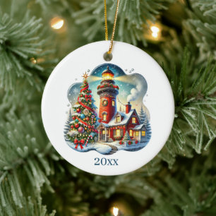 Festive Christmas lighthouse add date message Ceramic Tree Decoration