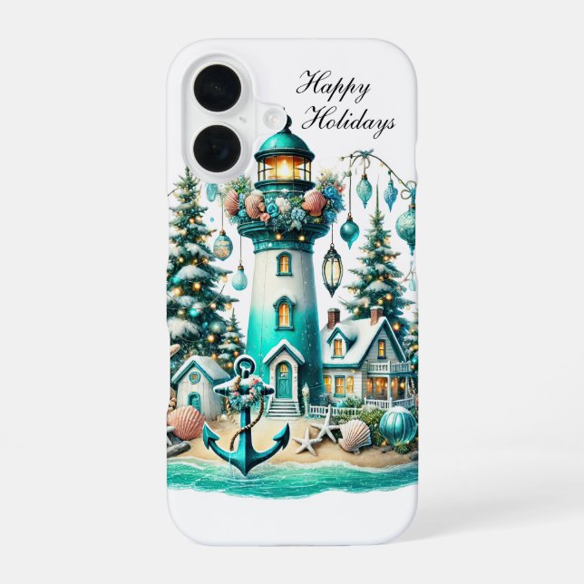 Festive Christmas lighthouse Holiday customisable  iPhone 16 Case (Back)