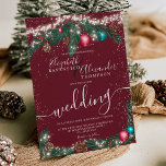Festive Christmas lights pine branch snow wedding Invitation<br><div class="desc">A modern,  chic and elegant wedding festive Christmas lights green pine branches snow with cute illustration of glitter Christmas ball ornament,  green watercolor pine branches,  mistletoe,  pine cones,  string fairy lights on editable dark red background.</div>