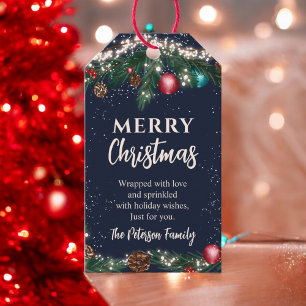 Festive Christmas lights pine branches snow blue Gift Tags